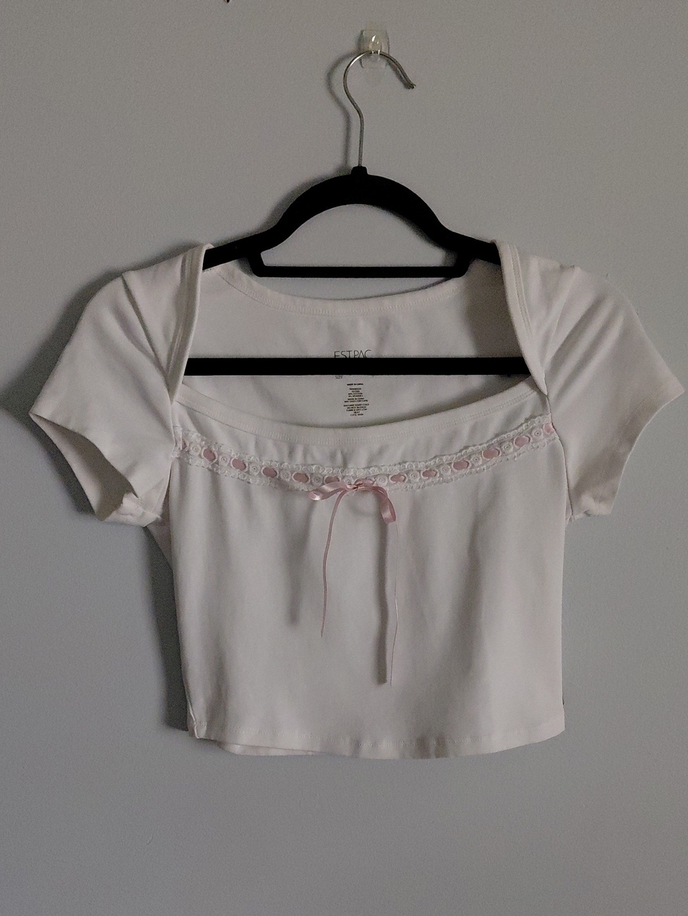 Est. Pac 1980 White Lace Trim Bow Square Neck Baby Tee Crop Top Twee Dainty Y2K
